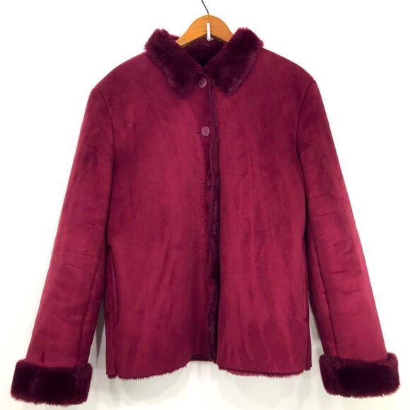 Maroon Faux Suede Burgundy Faux Fur Lined Button Up Holiday Jacket - Picture 1 of 16